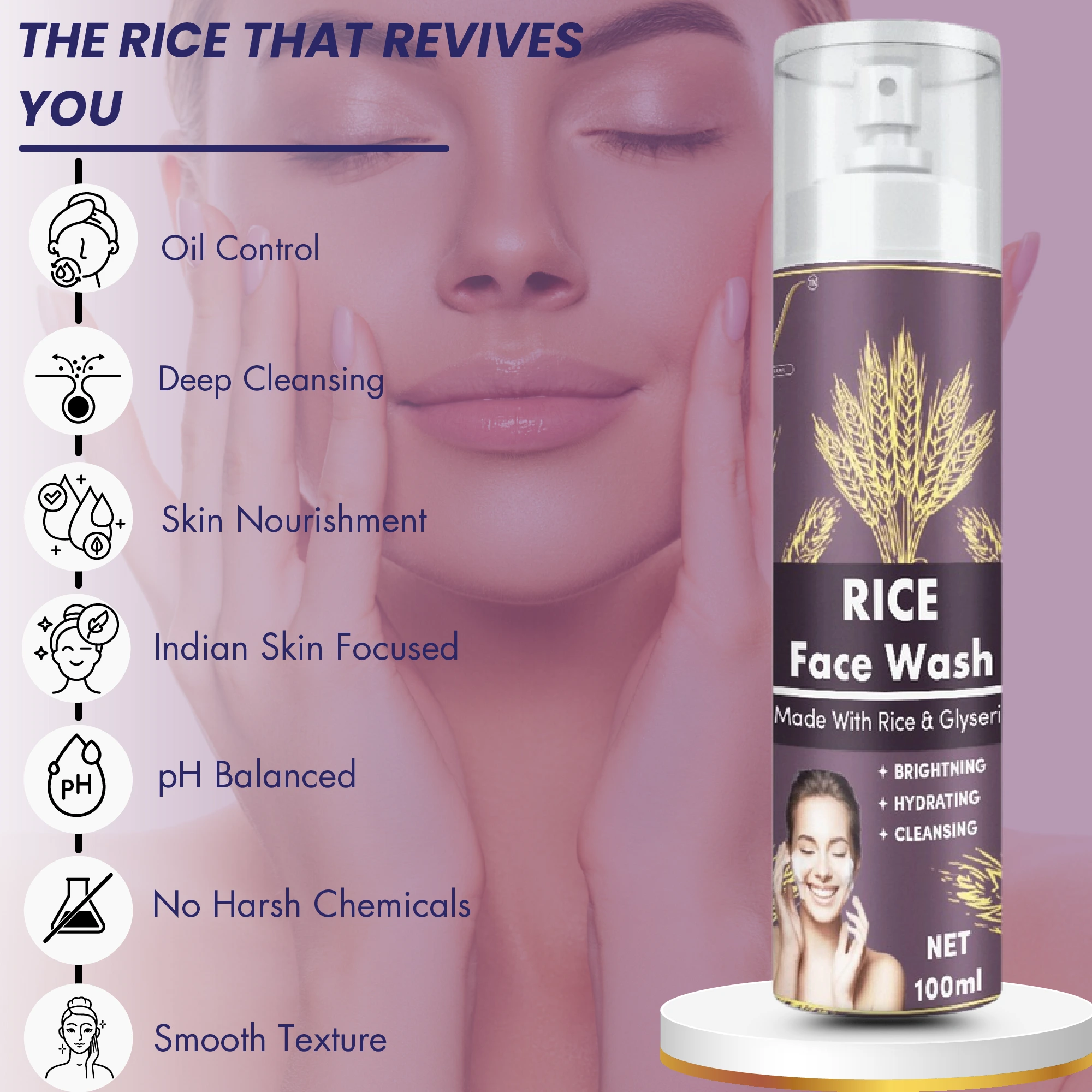 RV Rice Face Wash – Brightening & Hydrating Cleanser with Rice & Glycerin (100ml) - Image 2